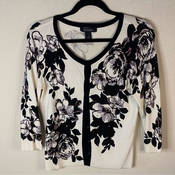 WHBM Cream and Black Floral Cardigan Sz S - Picture 6 of 6